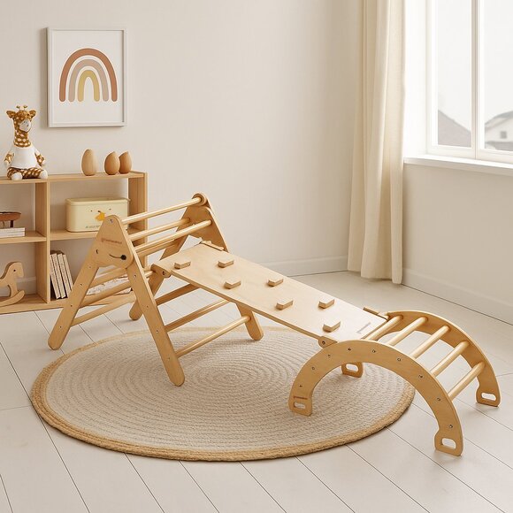 Wooden Pikler Triangle With Rocker & Slide + Ramp | Wooden Climbing Gym Set - Picture 1 of 5